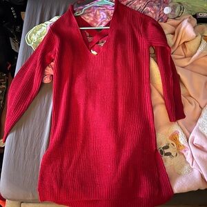 Red V-Neck Sweater Dress